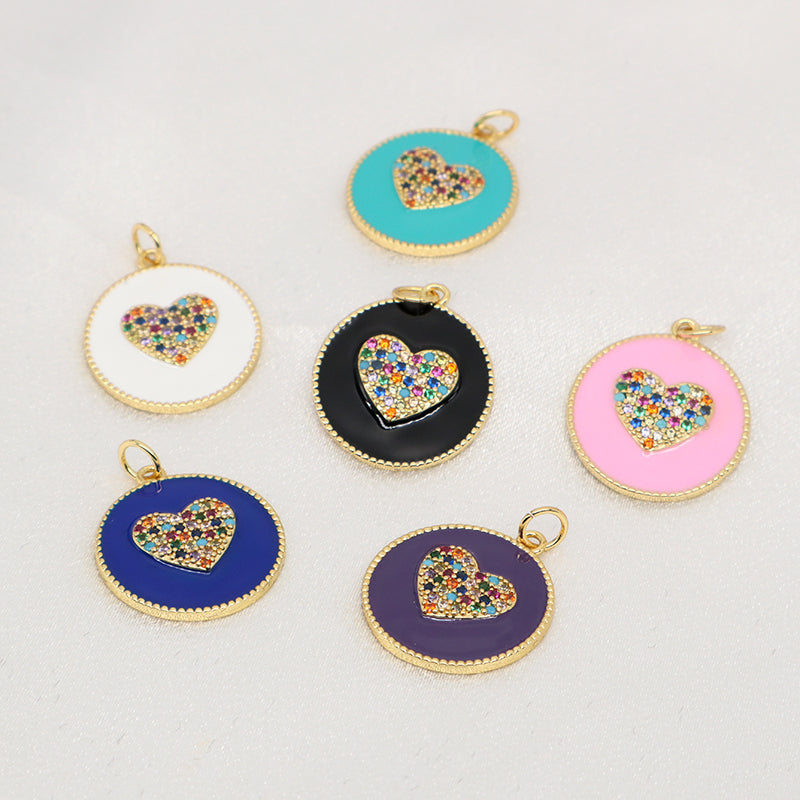 Customized Wholesale Pink Blue Purple White Black Charm CZ Gold Plated Enamel Love Heart Pendant New Charms For Jewelry Making