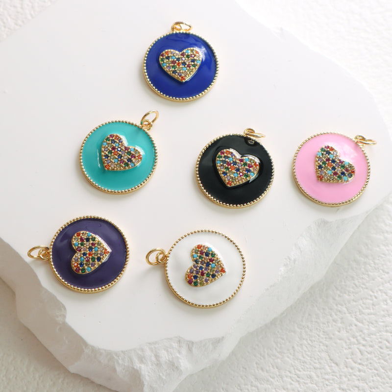 Customized Wholesale Pink Blue Purple White Black Charm CZ Gold Plated Enamel Love Heart Pendant New Charms For Jewelry Making