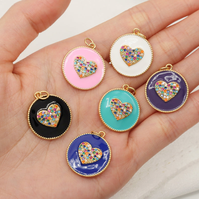 Customized Wholesale Pink Blue Purple White Black Charm CZ Gold Plated Enamel Love Heart Pendant New Charms For Jewelry Making