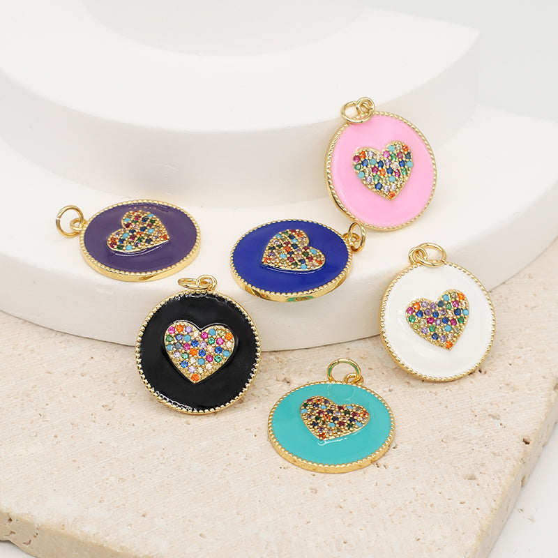 Customized Wholesale Pink Blue Purple White Black Charm CZ Gold Plated Enamel Love Heart Pendant New Charms For Jewelry Making
