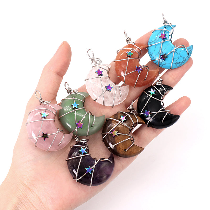 Various Customized Wholesale Star Moon Charm Necklace Pendant Rhodium Plated Moon Natural Stone Pendant For Jewelry Making