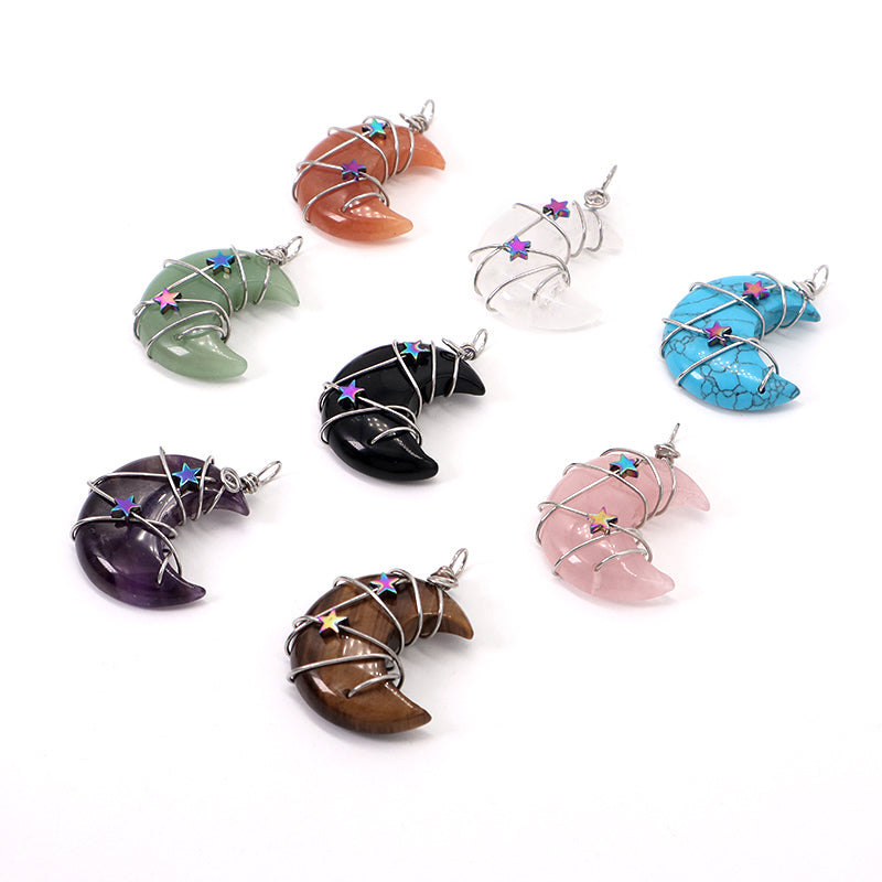 Various Customized Wholesale Star Moon Charm Necklace Pendant Rhodium Plated Moon Natural Stone Pendant For Jewelry Making