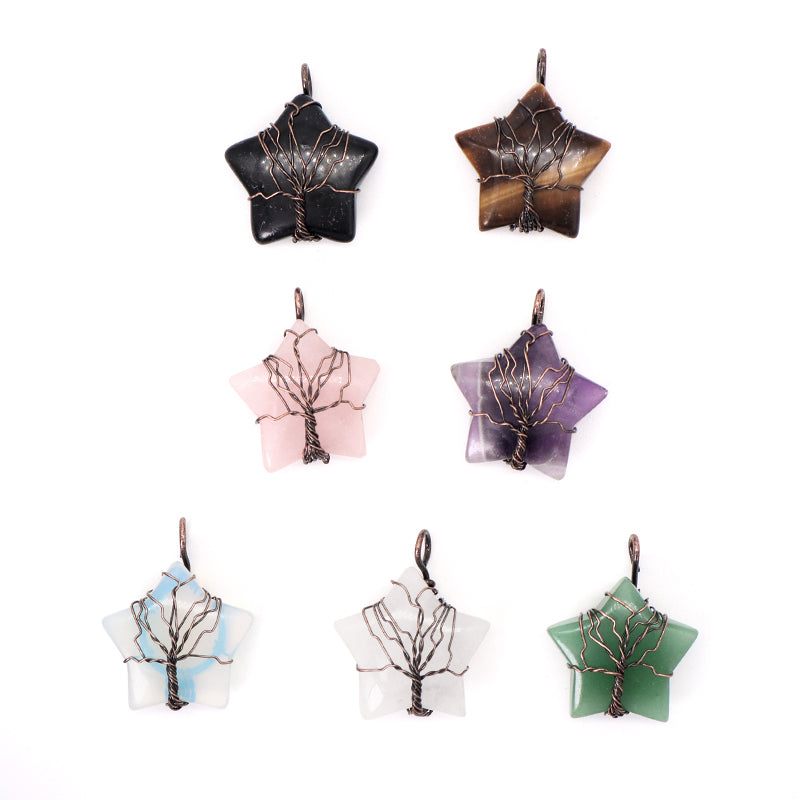 Healing Stone Star Charm Necklace Pendant Jewelry Wholesale Custom Diy Antique Copper Plated Energy Natural Stone Star Pendant