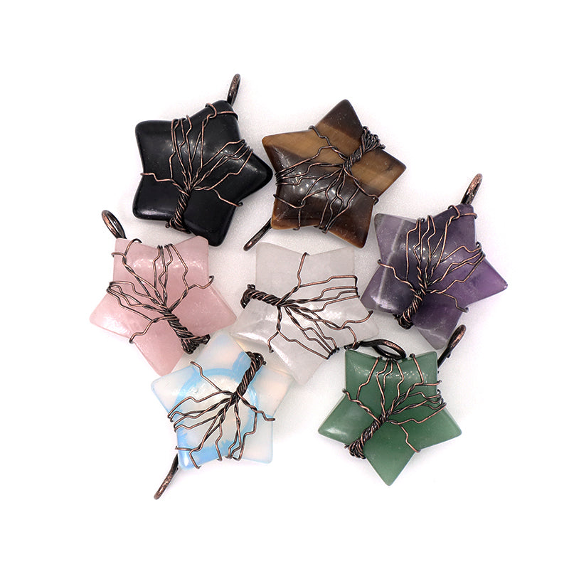 Healing Stone Star Charm Necklace Pendant Jewelry Wholesale Custom Diy Antique Copper Plated Energy Natural Stone Star Pendant