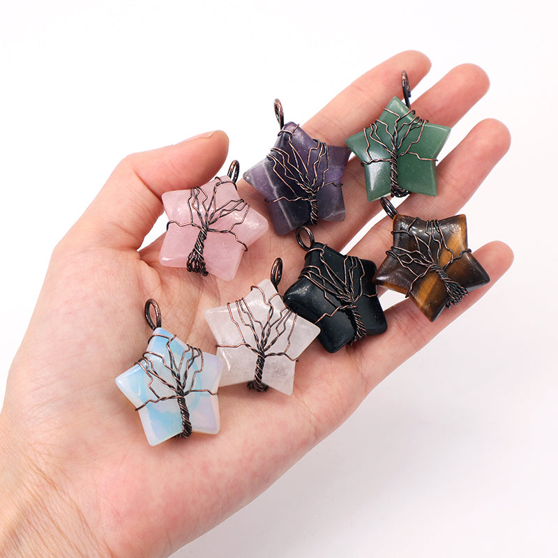 Healing Stone Star Charm Necklace Pendant Jewelry Wholesale Custom Diy Antique Copper Plated Energy Natural Stone Star Pendant