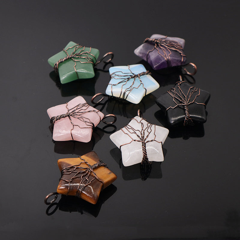 Healing Stone Star Charm Necklace Pendant Jewelry Wholesale Custom Diy Antique Copper Plated Energy Natural Stone Star Pendant