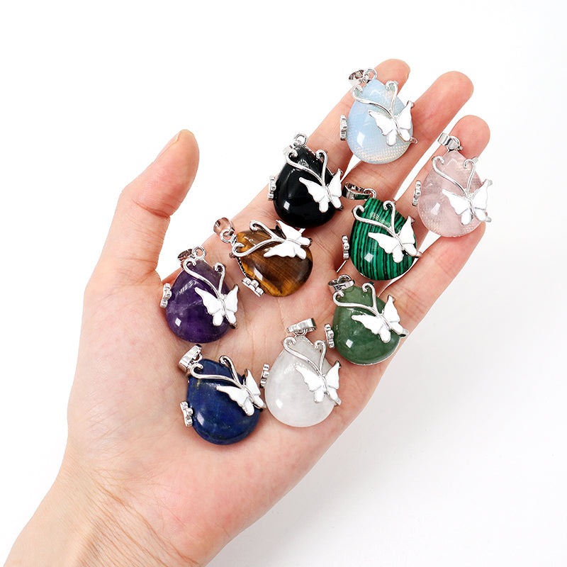 Wholesale Healing Stone White Enamel Butterfly Waterdrop Charm Necklace Pendant Rhodium Plated Natural Stone Butterfly Pendant