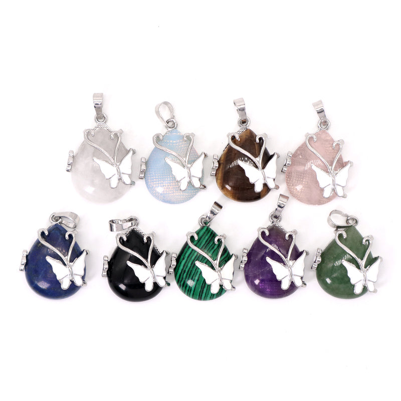 Wholesale Healing Stone White Enamel Butterfly Waterdrop Charm Necklace Pendant Rhodium Plated Natural Stone Butterfly Pendant