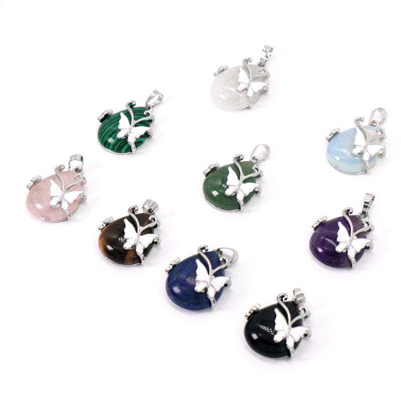 Wholesale Healing Stone White Enamel Butterfly Waterdrop Charm Necklace Pendant Rhodium Plated Natural Stone Butterfly Pendant