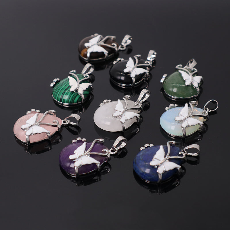 Wholesale Healing Stone White Enamel Butterfly Waterdrop Charm Necklace Pendant Rhodium Plated Natural Stone Butterfly Pendant