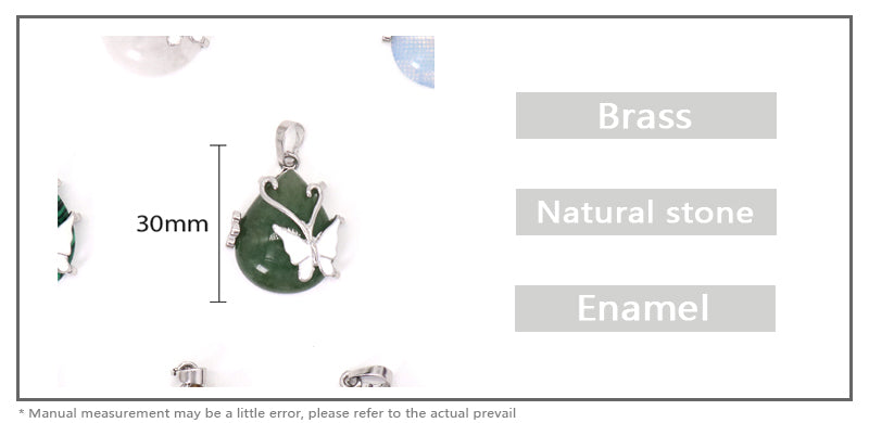 Wholesale Healing Stone White Enamel Butterfly Waterdrop Charm Necklace Pendant Rhodium Plated Natural Stone Butterfly Pendant