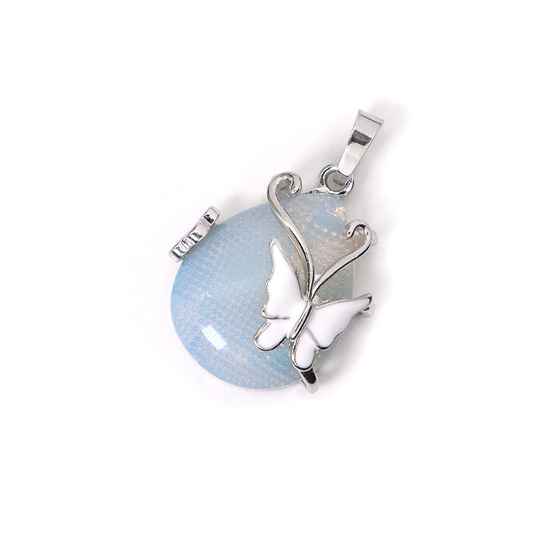 Wholesale Healing Stone White Enamel Butterfly Waterdrop Charm Necklace Pendant Rhodium Plated Natural Stone Butterfly Pendant