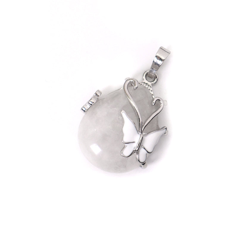 Wholesale Healing Stone White Enamel Butterfly Waterdrop Charm Necklace Pendant Rhodium Plated Natural Stone Butterfly Pendant