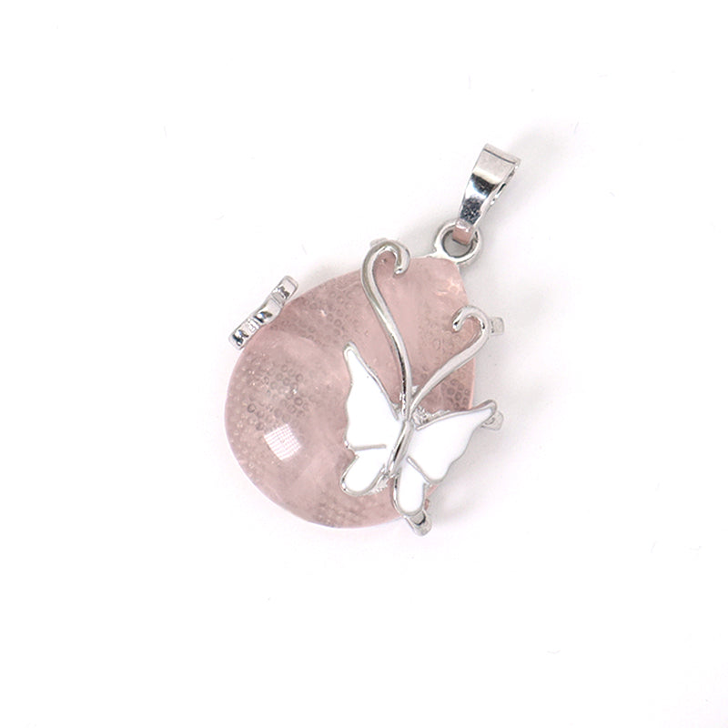 Wholesale Healing Stone White Enamel Butterfly Waterdrop Charm Necklace Pendant Rhodium Plated Natural Stone Butterfly Pendant