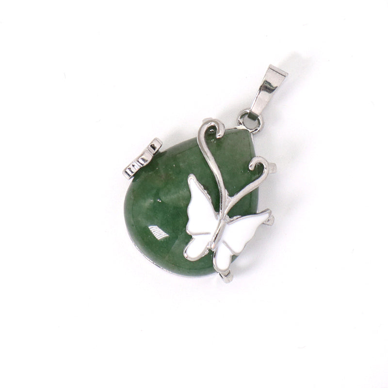 Wholesale Healing Stone White Enamel Butterfly Waterdrop Charm Necklace Pendant Rhodium Plated Natural Stone Butterfly Pendant