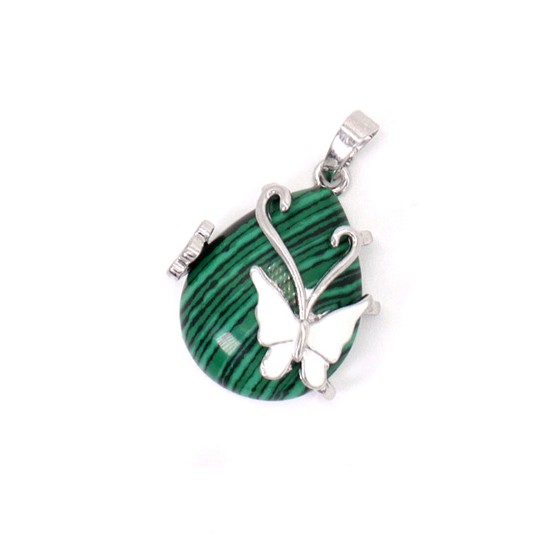 Wholesale Healing Stone White Enamel Butterfly Waterdrop Charm Necklace Pendant Rhodium Plated Natural Stone Butterfly Pendant