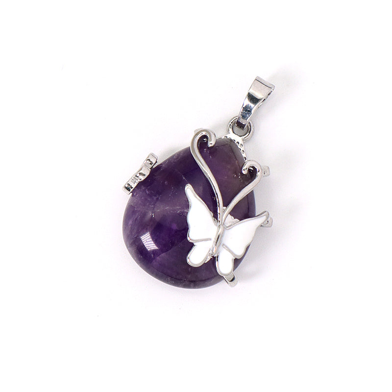 Wholesale Healing Stone White Enamel Butterfly Waterdrop Charm Necklace Pendant Rhodium Plated Natural Stone Butterfly Pendant