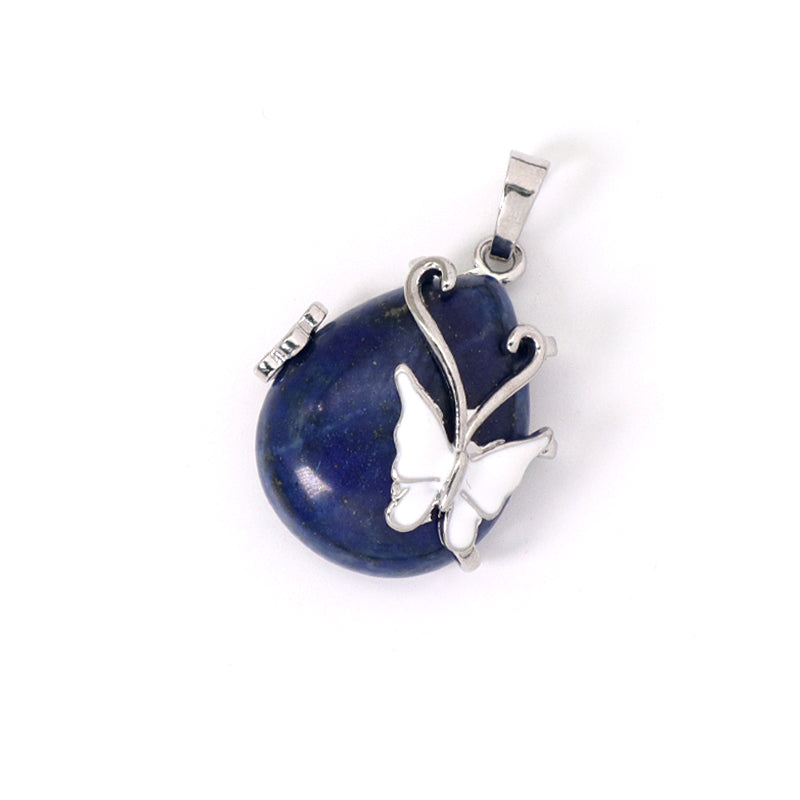 Wholesale Healing Stone White Enamel Butterfly Waterdrop Charm Necklace Pendant Rhodium Plated Natural Stone Butterfly Pendant