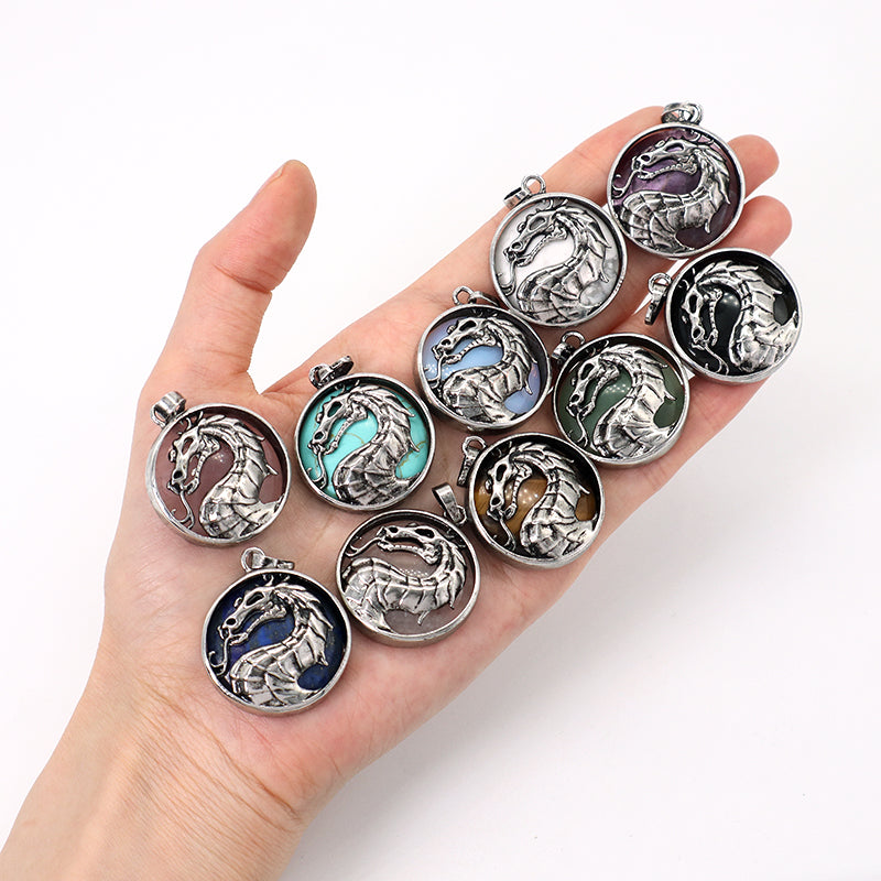 Custom Wholesale Various Healing Stone Alloy Dragon Charm Pendant Jewelry Black Plated Natural Stone Dragon Pendant For Necklace