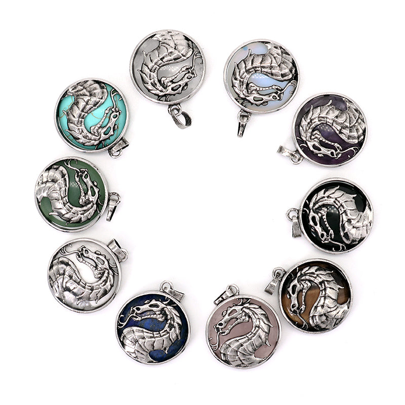 Custom Wholesale Various Healing Stone Alloy Dragon Charm Pendant Jewelry Black Plated Natural Stone Dragon Pendant For Necklace