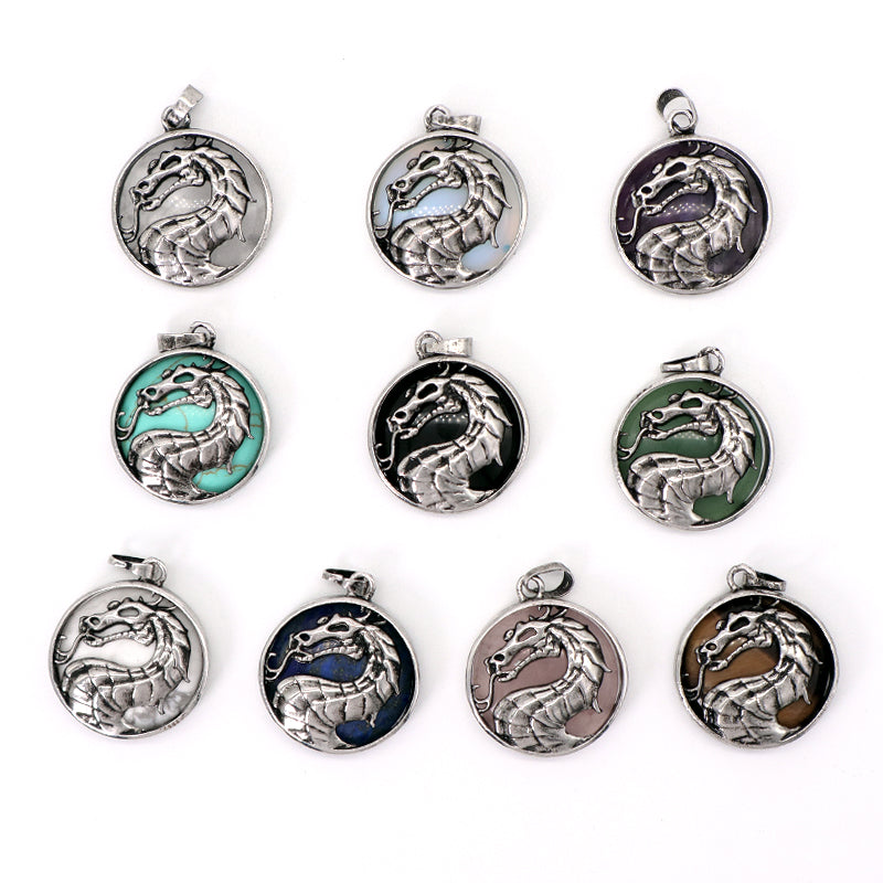 Custom Wholesale Various Healing Stone Alloy Dragon Charm Pendant Jewelry Black Plated Natural Stone Dragon Pendant For Necklace