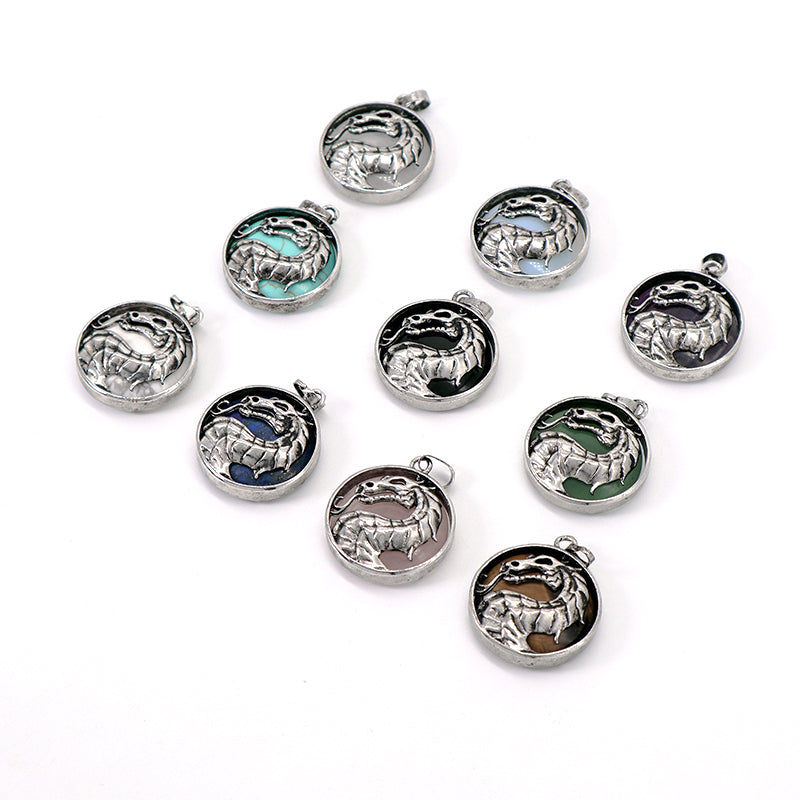 Custom Wholesale Various Healing Stone Alloy Dragon Charm Pendant Jewelry Black Plated Natural Stone Dragon Pendant For Necklace
