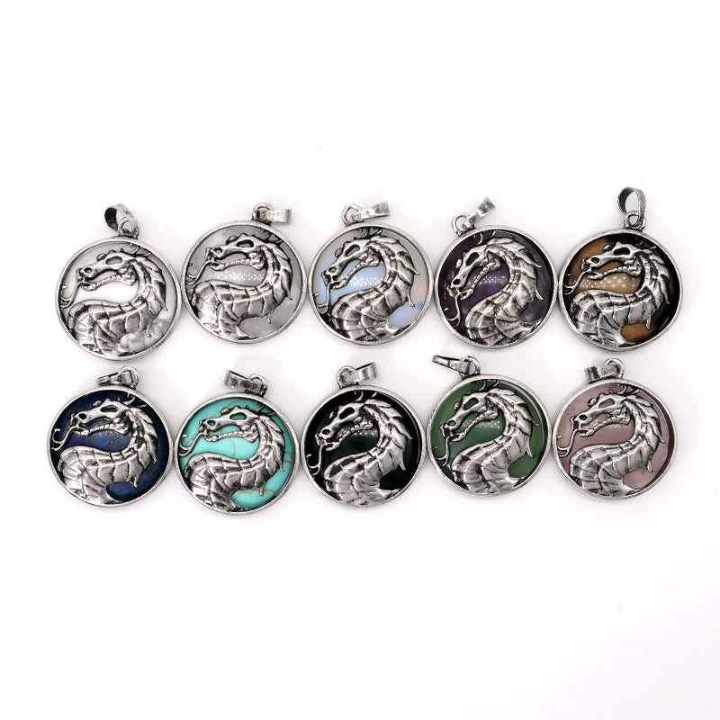 Custom Wholesale Various Healing Stone Alloy Dragon Charm Pendant Jewelry Black Plated Natural Stone Dragon Pendant For Necklace