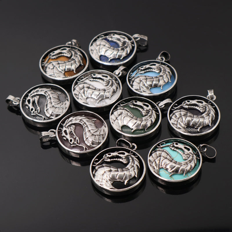 Custom Wholesale Various Healing Stone Alloy Dragon Charm Pendant Jewelry Black Plated Natural Stone Dragon Pendant For Necklace