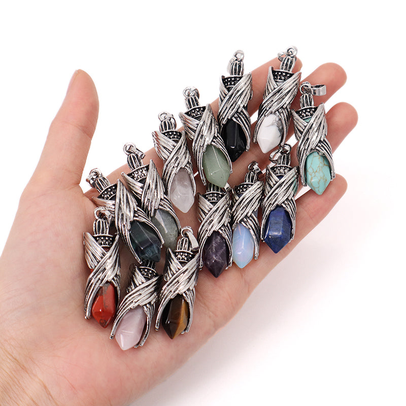 Wholesale Healing Stone Hexagonal Alloy Charm Necklace Pendant Black Plated Natural Stone Hexagon Pendant For Jewelry Making