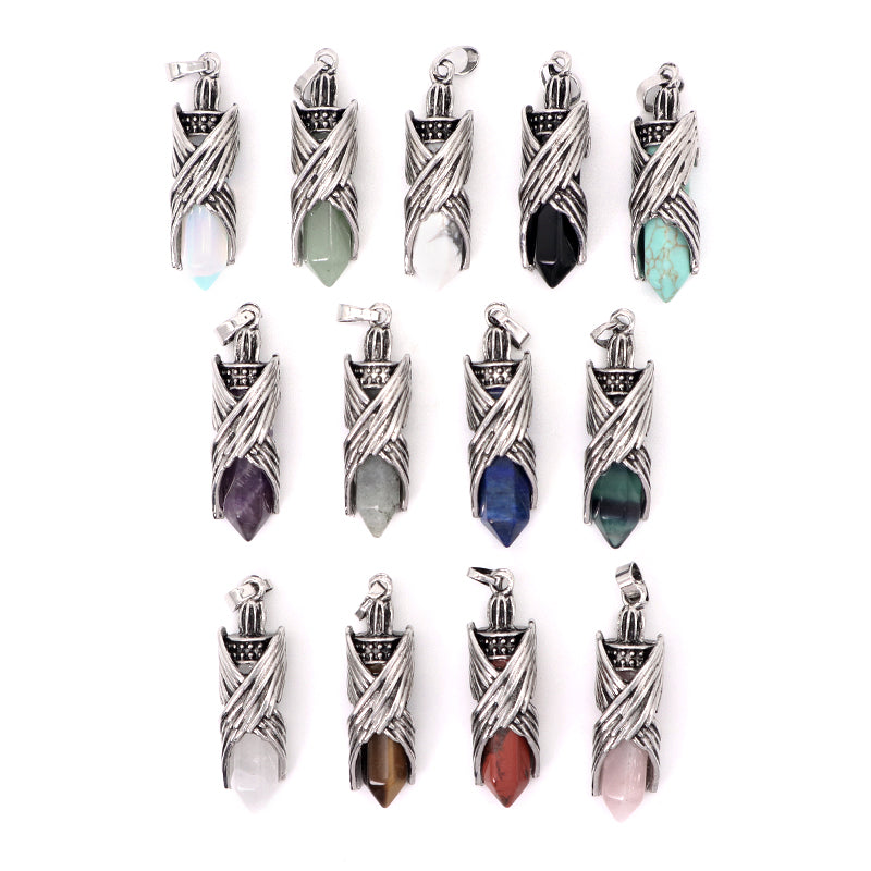 Wholesale Healing Stone Hexagonal Alloy Charm Necklace Pendant Black Plated Natural Stone Hexagon Pendant For Jewelry Making