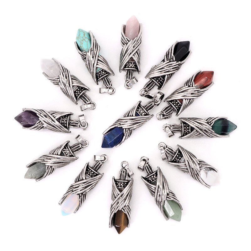Wholesale Healing Stone Hexagonal Alloy Charm Necklace Pendant Black Plated Natural Stone Hexagon Pendant For Jewelry Making