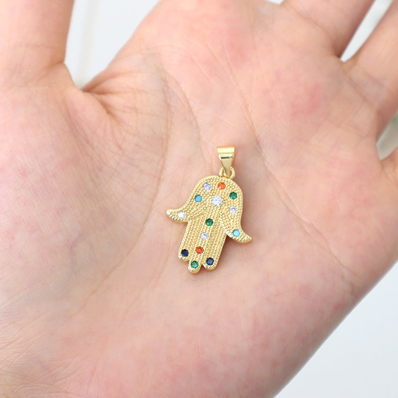 China Factory Wholesale DIY Custom Women Hand Charm Accessories Micro Pave CZ Gold Plated Hamsa Hand Pendant For Jewelry Making