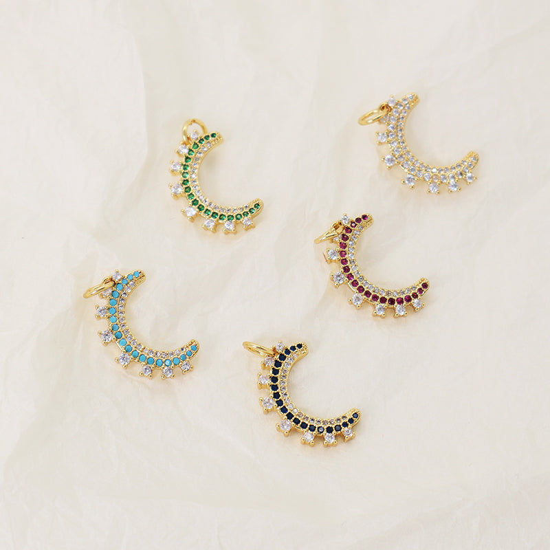 China Factory Wholesale Custom DIY Blue Green Red Moon Charm Pendant Women Jewelry CZ Gold Plated Moon Pendant For Necklace