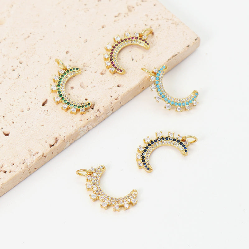 China Factory Wholesale Custom DIY Blue Green Red Moon Charm Pendant Women Jewelry CZ Gold Plated Moon Pendant For Necklace