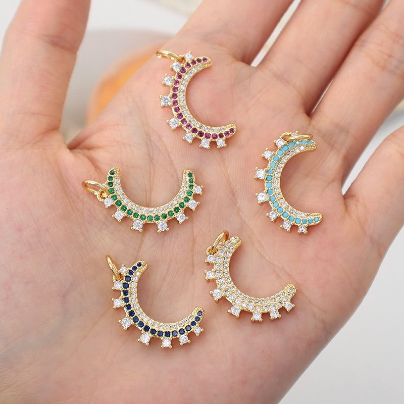 China Factory Wholesale Custom DIY Blue Green Red Moon Charm Pendant Women Jewelry CZ Gold Plated Moon Pendant For Necklace
