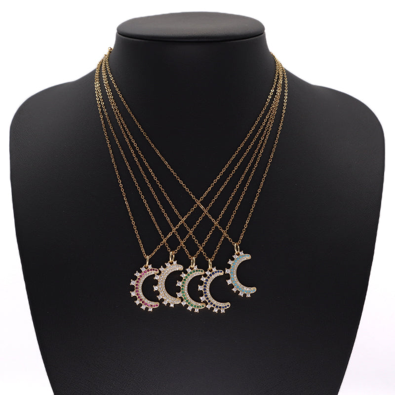 China Factory Wholesale Custom DIY Blue Green Red Moon Charm Pendant Women Jewelry CZ Gold Plated Moon Pendant For Necklace