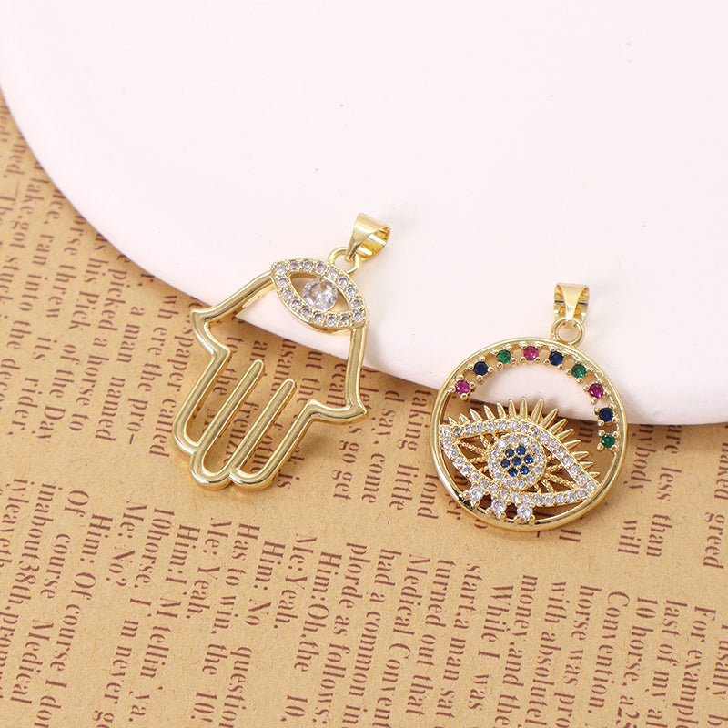 Diy Wholesale Custom Women Hand Eye Pendant Charm Jewelry CZ Gold Plated Turkish Evil Eyes Hamsa Hand Pendant For Necklace
