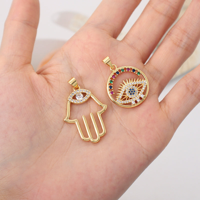 Diy Wholesale Custom Women Hand Eye Pendant Charm Jewelry CZ Gold Plated Turkish Evil Eyes Hamsa Hand Pendant For Necklace