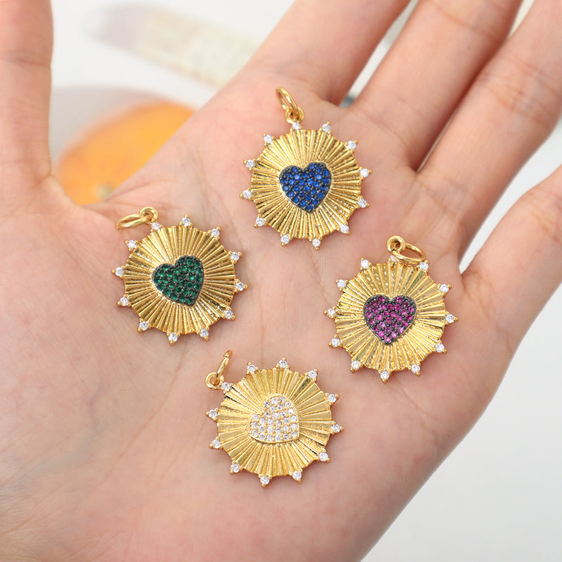 DIY China Factory Wholesale Custom Blue Green Red Love Heart Charm Pendant Jewelry CZ Gold Plated Heart Pendant For Necklace