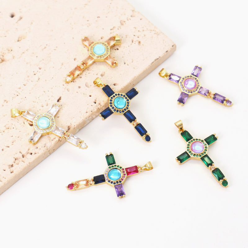 Wholesale Newest Factory Custom DIY Colorful Cross Charm Pendant Jewelry CZ Gold Plated Glass Crystal Cross Necklace Pendant
