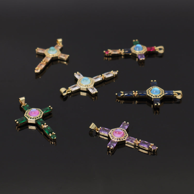 Wholesale Newest Factory Custom DIY Colorful Cross Charm Pendant Jewelry CZ Gold Plated Glass Crystal Cross Necklace Pendant