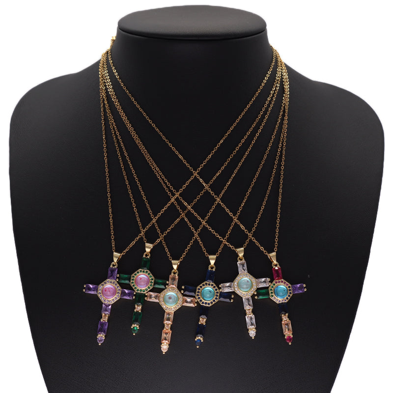 Wholesale Newest Factory Custom DIY Colorful Cross Charm Pendant Jewelry CZ Gold Plated Glass Crystal Cross Necklace Pendant