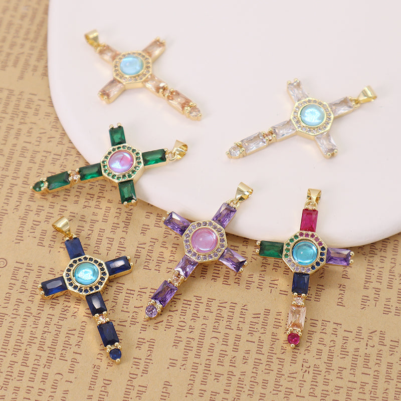 Wholesale Newest Factory Custom DIY Colorful Cross Charm Pendant Jewelry CZ Gold Plated Glass Crystal Cross Necklace Pendant