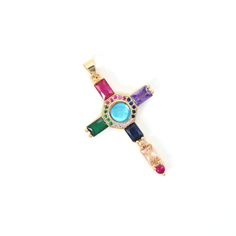 Wholesale Newest Factory Custom DIY Colorful Cross Charm Pendant Jewelry CZ Gold Plated Glass Crystal Cross Necklace Pendant
