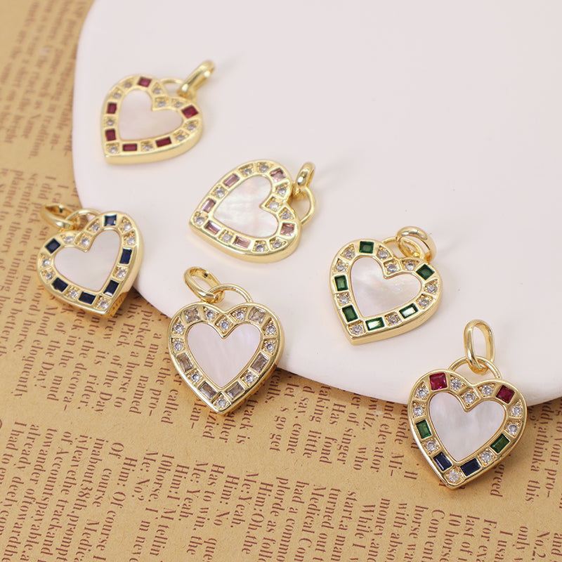 DIY Various Color Custom Shell Heart Shape Charm Pendant Jewelry CZ Gold Plated Natural Shell Heart Pendant For Necklace Making