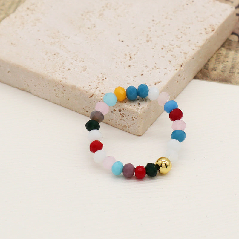 New Style Wholesale Factory Custom beaded Finger Ring Jewelry Colorful Stretch Gold Plated Glass Crystal Bead Ring For Women