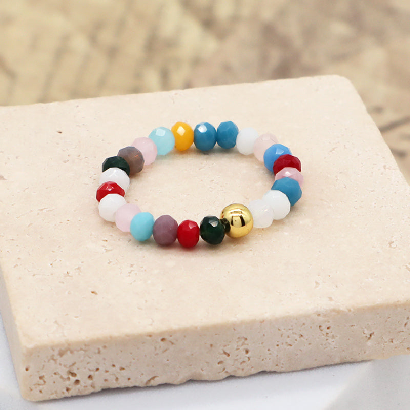 New Style Wholesale Factory Custom beaded Finger Ring Jewelry Colorful Stretch Gold Plated Glass Crystal Bead Ring For Women