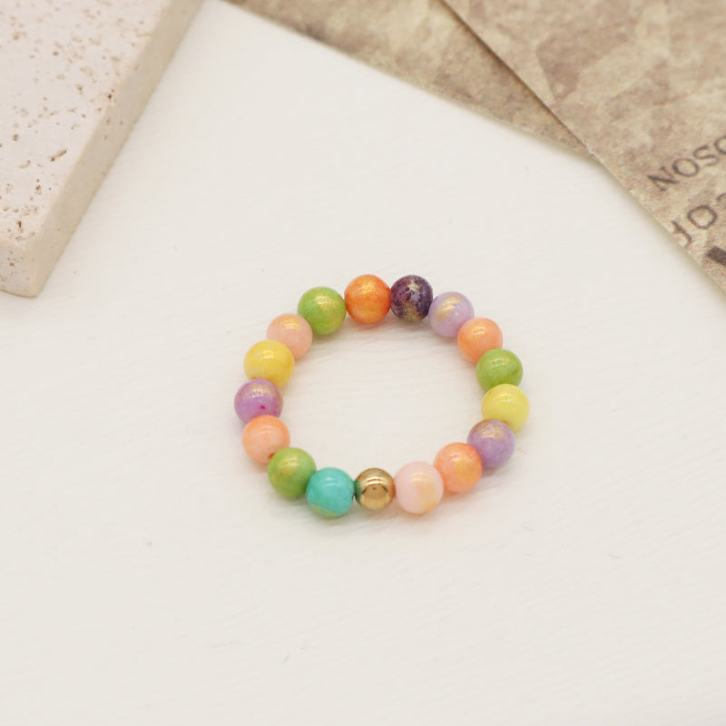 Custom Women Colorful Handmade Bohemia 5mm Natural Semi-precious Stone Gold Plated Elastic Gemstone Natural Stone Beaded Ring