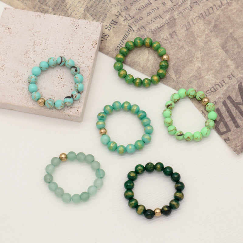 Wholesale Handmade Women Custom Gold Plated Beads Ring Jewelry Elastic 5mm Gemstone Natural Stone Colorful Jade Beaded Ring