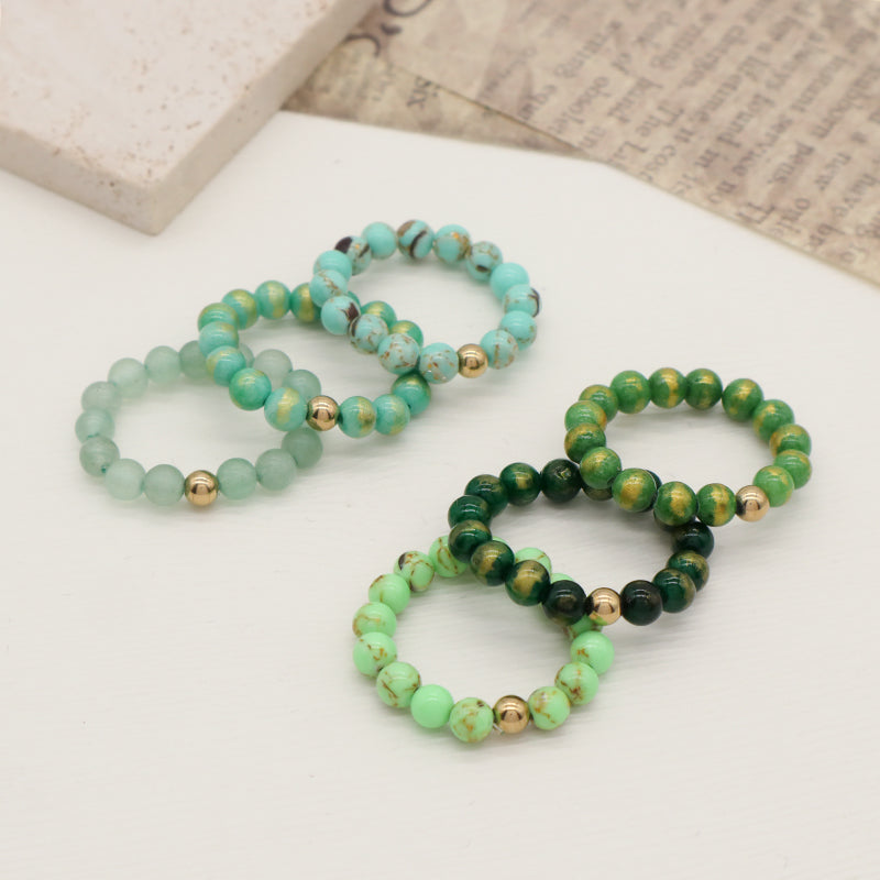 Wholesale Handmade Women Custom Gold Plated Beads Ring Jewelry Elastic 5mm Gemstone Natural Stone Colorful Jade Beaded Ring